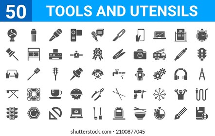 set of 50 tools and utensils web icons. filled glyph icons such as book with cd rom,table fan,semaphore lights,iron board,tablet with hand,attached,times square,pipe losing water. vector