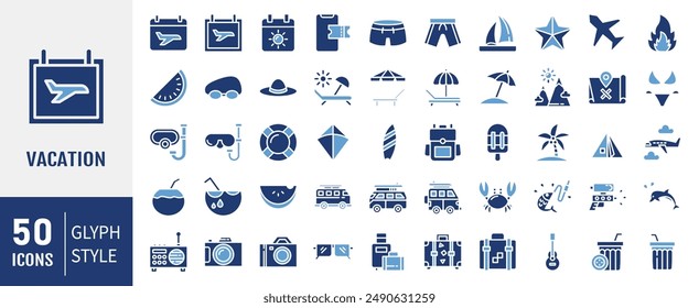 Set von 50 Tourismus und Urlaub Vektorgrafik Glyph Icon Set. 