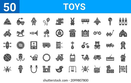 set of 50 toys web icons. filled glyph icons such as abacus toy,pyramid toy,ladybug toy,beach ball toy,skate toy,car toy,ride on toy,guitar toy. vector illustration