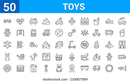 set of 50 toys web icons. outline thin line icons such as et toy,gamepad toy,steering wheel toy,bunny toy,skate toy,robot toy,puzzle toy,scooter toy. vector illustration