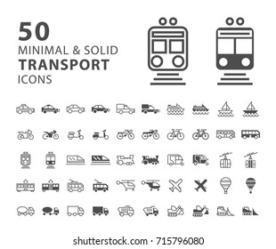 Set of 50 Transport Minimal and Solid Icons on White Background . Vector Isolated Elements