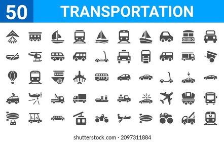 set of 50 transportation web icons. filled glyph icons such as metro,hang glider,dirigible,eco-friendly transport,hot air balloon,dugout canoe,caboose,hatchback. vector illustration