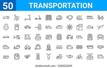 set of 50 transportation web icons. outline thin line icons such as minivan,sports car,icebreaker ship,hatchback,eighteen-wheeler,boat front view,military airplane,train in a tunnel. vector