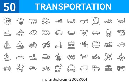 set of 50 transportation web icons. outline thin line icons such as double decker bus,electro car,car,catamaran,yawl,tugboat,oxcart,light rail. vector illustration