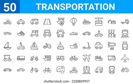 set of 50 transportation web icons. outline thin line icons such as pickup,patrol car,limousine,golf cart,schooner,sport car,taxi,ferry boat. vector illustration