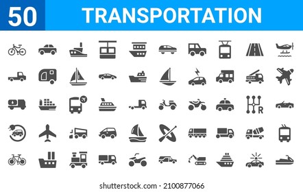 Satz von 50 Transport-Web-Symbole. gefüllte Brillensymbole wie z.B. ,Fahrrad, Fahrrad, Elektroauto, Tankwagen, Abholwagen, Auto, . Vektorgrafik