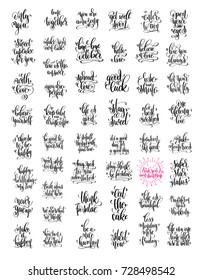 set of 50 trendy positive quote, motivation and inspiration hand lettering phrases, calligraphy vector illustration collection