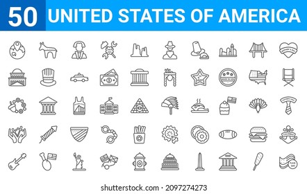 set of 50 united states of america web icons. outline thin line icons such as flag day,pacific ocean,electric guitar,blessings,thanksgiving ornament,capitol,democrat,american native. vector