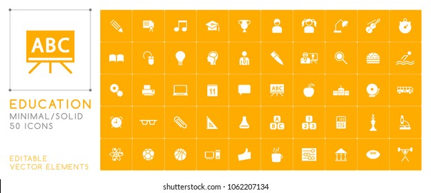 Set of 50 Universal Education Icons on Color Background . Isolated Elements