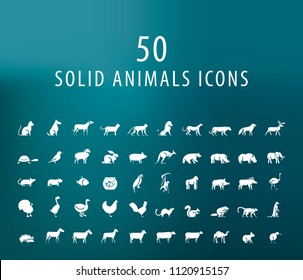 Set of 50 Universal Solid Animals Icons on Dark Background . Isolated Elements