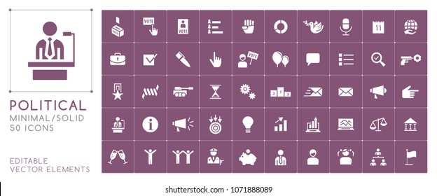 Set of 50 Universal Solid Political Icons on Color Background . Isolated Elements