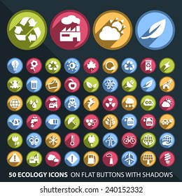 Set of 50 Universal and Standard White Ecology Icons on Flat Circular Colored Buttons with Shadows on Black Background ( isolated elements )