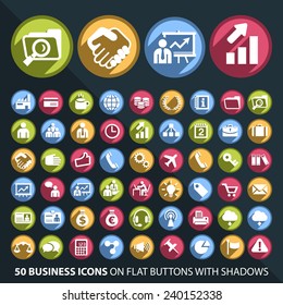 Set of 50 Universal and Standard White Business Icons on Flat Circular Colored Buttons with Shadows on Black Background ( isolated elements )