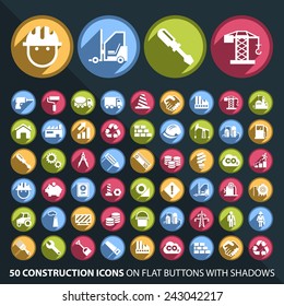 Set of 50 Universal and Standard White Construction Icons on Flat Circular Colored Buttons with Shadows on Black Background ( isolated elements )