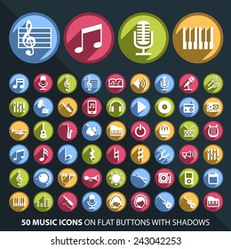 Set of 50 Universal and Standard White Music Icons on Flat Circular Colored Buttons with Shadows on Black Background ( isolated elements )