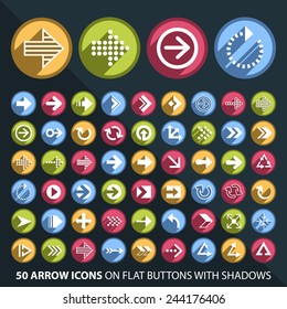 Set of 50 Universal and Standard White Arrows Icons on Flat Circular Colored Buttons with Shadows on Black Background ( isolated elements )