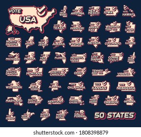 Set of 50 US states. Presidential vote in USA 2020 vector illustration. State map with text to vote and red tick or check mark of choice. Sticker Isolated on a dark background.