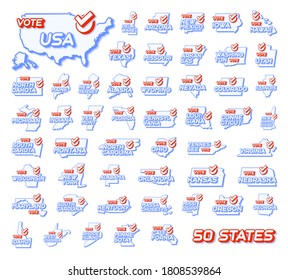 Set of 50 US states. Presidential vote in USA 2020 vector illustration. State map with text to vote and red tick or check mark of choice. Sticker Isolated on a white background.