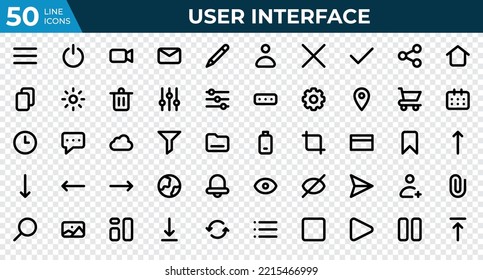 Set of 50 User Interface icons in line style. Menu, calendar, clock. Outline icons collection. Vector illustration