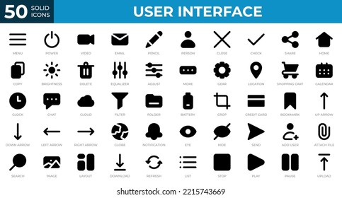Set of 50 User Interface icons in solid style. Menu, calendar, clock. Solid icons collection. Vector illustration