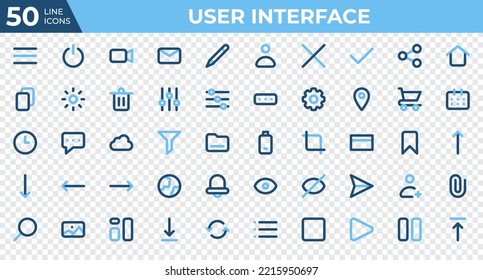 Set of 50 User Interface icons in colored line style. Menu, calendar, clock. Colored outline icons collection. Vector illustration