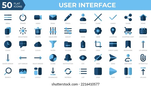 Set of 50 User Interface icons in flat style. Menu, calendar, clock. Flat icons collection. Vector illustration