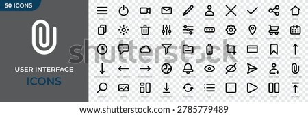 Set of 50 user interface outline icons. Basic ui ux icon set. UI icons kit for website. User interface essential set. Vector illustration