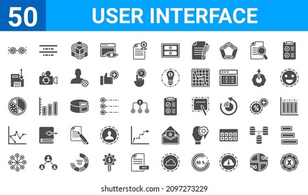 Set Of 50 User Interface Web Icons. Filled Glyph Icons Such As Bad Tings,width,data Analytics Wheel,multiple Variable Bars Data,pie With Four Areas,save,justify,rule. Vector Illustration