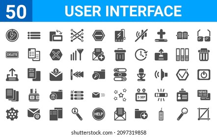 set of 50 user interface web icons. filled glyph icons such as crop button,lightning flash,tings cog,multiple file,uploading from drive,delete round button,list button,slide to unlock. vector