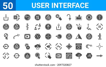 Set Of 50 User Interface Web Icons. Filled Glyph Icons Such As Arrow Pointing Right,download Arrow,curve Arrow,replay Arrows,forbidden Cursor,4 Ldpe,no Tittling,left Turn. Vector Illustration