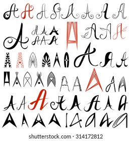 Set of 50 varied hand drawing  letters "A". Can be used as elements of logo design.