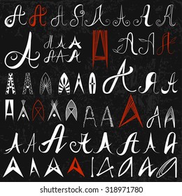 Set of 50 varied hand drawing letters "A" on black background. Can be used as elements of logo design.