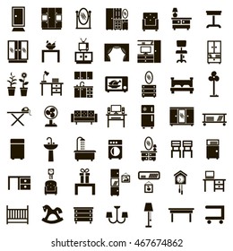 Set of 50 vector black icons of furniture and interior items