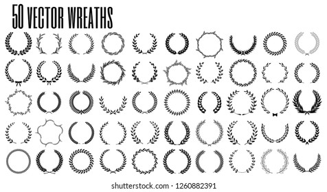 Set of 50 vector laurel wreaths on white background. Set of foliate award wreath for film festival.Vector illustration.