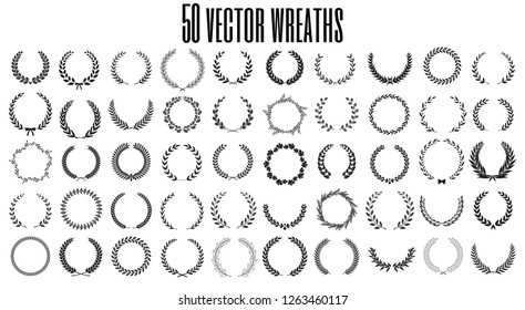 Set of 50 vector laurel wreaths on white background. Set of foliate award wreath for film festival.Vector illustration.