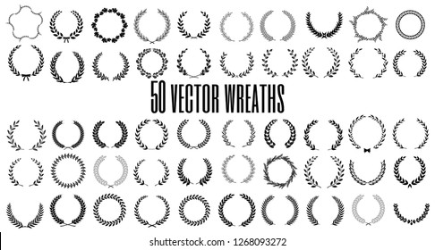 Set of 50 vector laurel wreaths on white background. Set of foliate award wreath for film festival.Vector illustration.