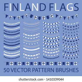 Set of 50 vector pattern brushes. Outer, inner corners and start, end tiles included. Garland of finnish flags. Finland. White, blue. 