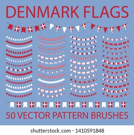 Set of 50 vector pattern brushes. Outer, inner corners and start, end tiles included. Garland of danish flags. Denmark. White, red. 