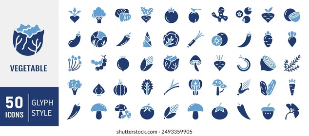 Conjunto de 50 Icono de verdura. Colección de Vector de iconos sólidos.