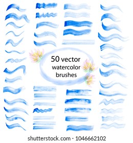 Set of 50 watercolor vector brushes. Hand drawn strokes. Texture and design elements.