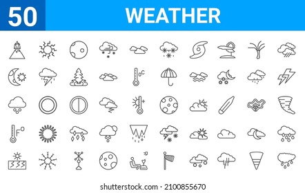 set of 50 weather web icons. outline thin line icons such as raindrops,eruption,drought,farenheit,hailstorm,starry night,sunny,waxing moon. vector illustration