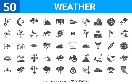 conjunto de 50 iconos de la web meteorológica. íconos de glifos rellenos como tornado, farenheit, diluvio, arcoiris, noche turbia, clima rociado, noche estrellada, presión atmosférica. ilustración vectorial