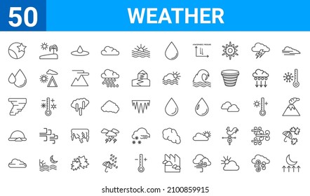 set of 50 weather web icons. outline thin line icons such as moonrise,waning moon,foggy day,rainbow,hurricane,drops,subtropical climate,water drop. vector illustration