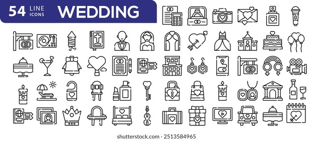 Conjunto de 50 bodas, casarse, iconos de línea de ceremonia. Ilustración vectorial. Trazo editable.