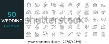 Set of 50 wedding, marrying, ceremony line icons.Vector illustration. Editable stroke. 