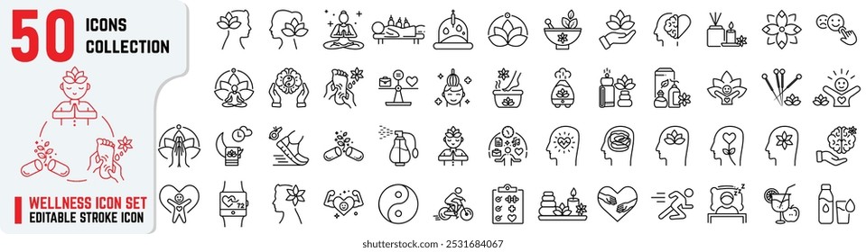 Set of 50 Wellness editable stroke icon set also includes balanced lifestyle, work life balance, emotional well-being, health, self-care, relaxation, yoga, and fitness. Wellness thin line icons