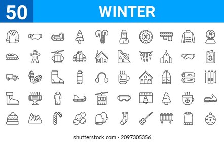 set of 50 winter web icons. outline thin line icons such as bauble,fur coat,winter cap,snow boot,snowplow,bobsled,safety glasses,hot tea. vector illustration