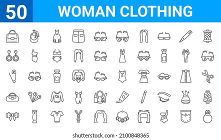 set of 50 woman clothing web icons. outline thin line icons such as diamond ring,handbag elegant,bow black,fashionable hand bag,safety pin,round earrings,parfume,bikini. vector illustration