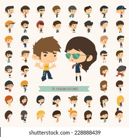 Set of 50 young people with hipster fashion style , eps10 vector format