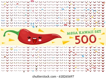 Set From 500 Of Cute Kawaii Emoticon Face And Chili Pepper, Collection Executed In A Cartoon Style. 